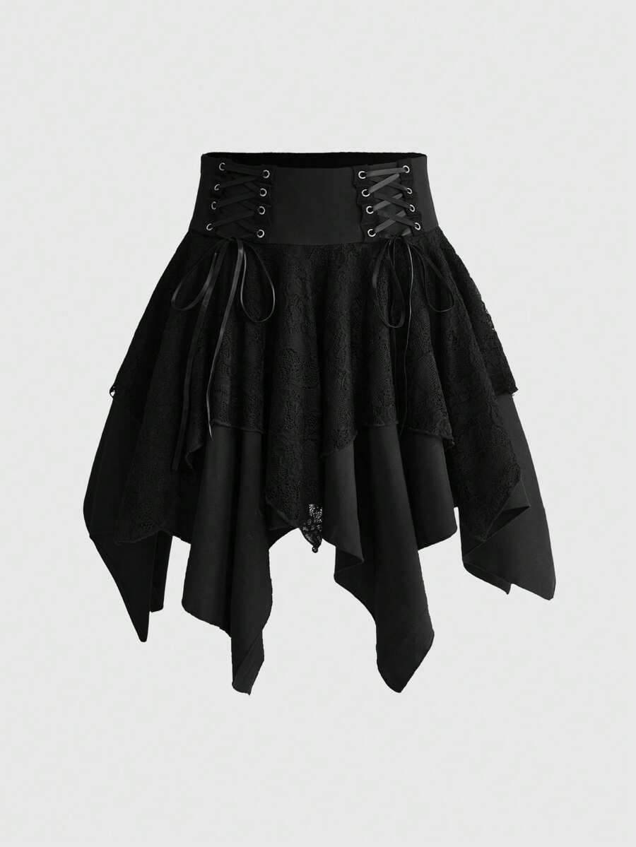 ROMWE Women's Waist Corn Contrast Lace Asymmetric Hem Lace-Up Mini Skirt Bar Party Night Out Black Summer Goth Punk - Black - View 1