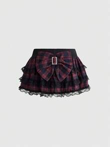 ROMWE J-Fashion Y2K 學院風哥德澀谷女孩風 大蝴蝶結低腰蕾絲飾邊層次格紋女款裙子 萬聖節校園之夜 海軍藍 秋季 - 彩色 - 查看 2