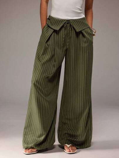 SHEIN BAE Women's Casual Pleated Loose Solid Color Long Pants, Suitable For Daily Wear, Including Wide Leg Pants, Cuffed Pants, Autumn Wide Leg Pants, Versatile Style, Including Army Green Long Pants, Back To School Striped Pants, Loose Long Pants, Casual Pants, Joggers, Lantern Pants, Suitable For Commuting, Outings, Holidays, Vacations And Other Occasions.