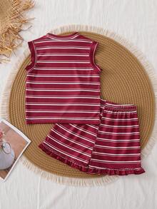 SHEIN Vintaside Kids 2件裝少女條紋針織寬鬆背心上衣與短褲套裝，適合日常休閒、度假、運動與旅行，夏季完美穿搭 - 酒紅色 - 查看 4