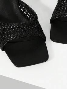 Mnmlis Fashion Word With Open Toe Simple Texture Woven Texture Holiday Versatile Elegant High Heeled Sandals - Black - View 6