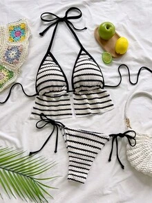 Soleia Women's Summer Beach White Halter Tie Sexy Coastal Bikini Swimwear Set - Multicolor - View 1