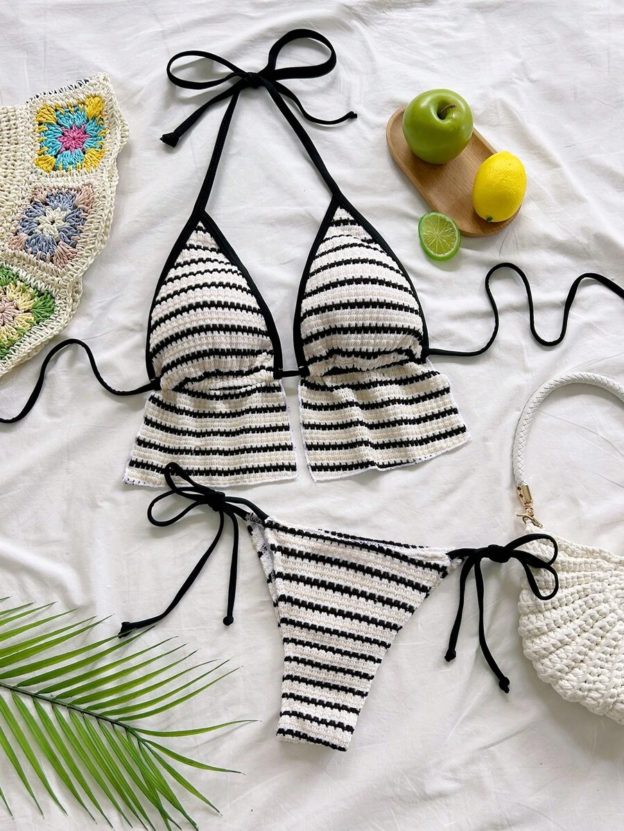 Soleia Women's Summer Beach White Halter Tie Sexy Coastal Bikini Swimwear Set - Multicolor - View 1