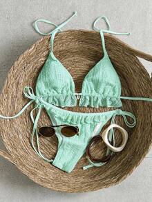 Swim Vcay Mod 2件式女款海灘度假淺綠色蕾絲荷葉邊下擺掛脖繫帶性感比基尼泳衣 夏季 - 綠色 - 查看 5
