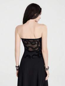 Breakform Gothic Halloween  Sexy Retro, Flocked Mesh Strapless Top Featuring A Gothic Snake Pattern-Perfect For The Cool Girl - Black - View 2