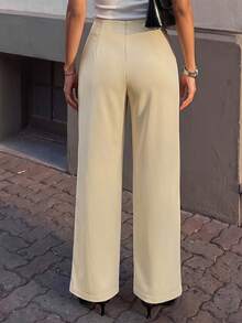 SHEIN Women's Solid Color Casual Versatile Daily Travel Long Pants - Khaki - View 3