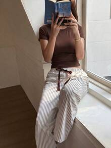 Dream Adore Women's Solid Color Round Neck Short Sleeve Top And Chocolate Brown Black And White Drawstring Long Pants Pajama Set 2 Pieces Lounge Summer Casual - Brown - View 5