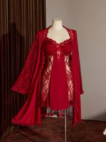 Slumberist Burgundy Glossy Lace Patchwork Loose Tie-Front Robe & Nightgown Set, Plus Size Women's Loungewear Sleepwear - Burgundy - View 7
