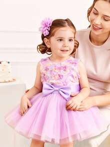 SHEIN Glamorique Kids 女嬰公主洋裝，優雅可愛紫色粉色3D花朵無袖蝴蝶結網紗蓬蓬裙，生日派對、婚禮節日禮服、舞會禮服、畢業禮服、夏季洋裝 - 紫色 - 查看 4