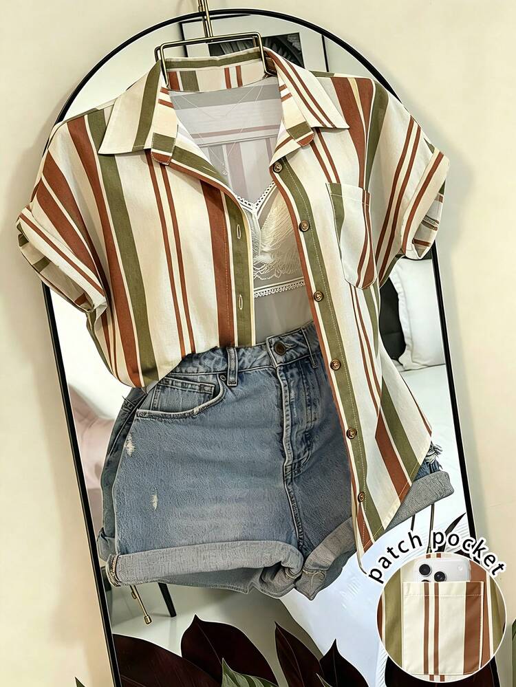 EMERY ROSE Striped Pocket Casual Vacation Shirt - Multicolor - View 1