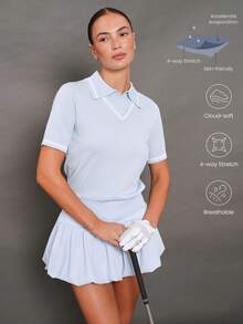 Activina 女士撞色 Polo 领短袖运动毛衣 - 淺藍色 - 查看 1