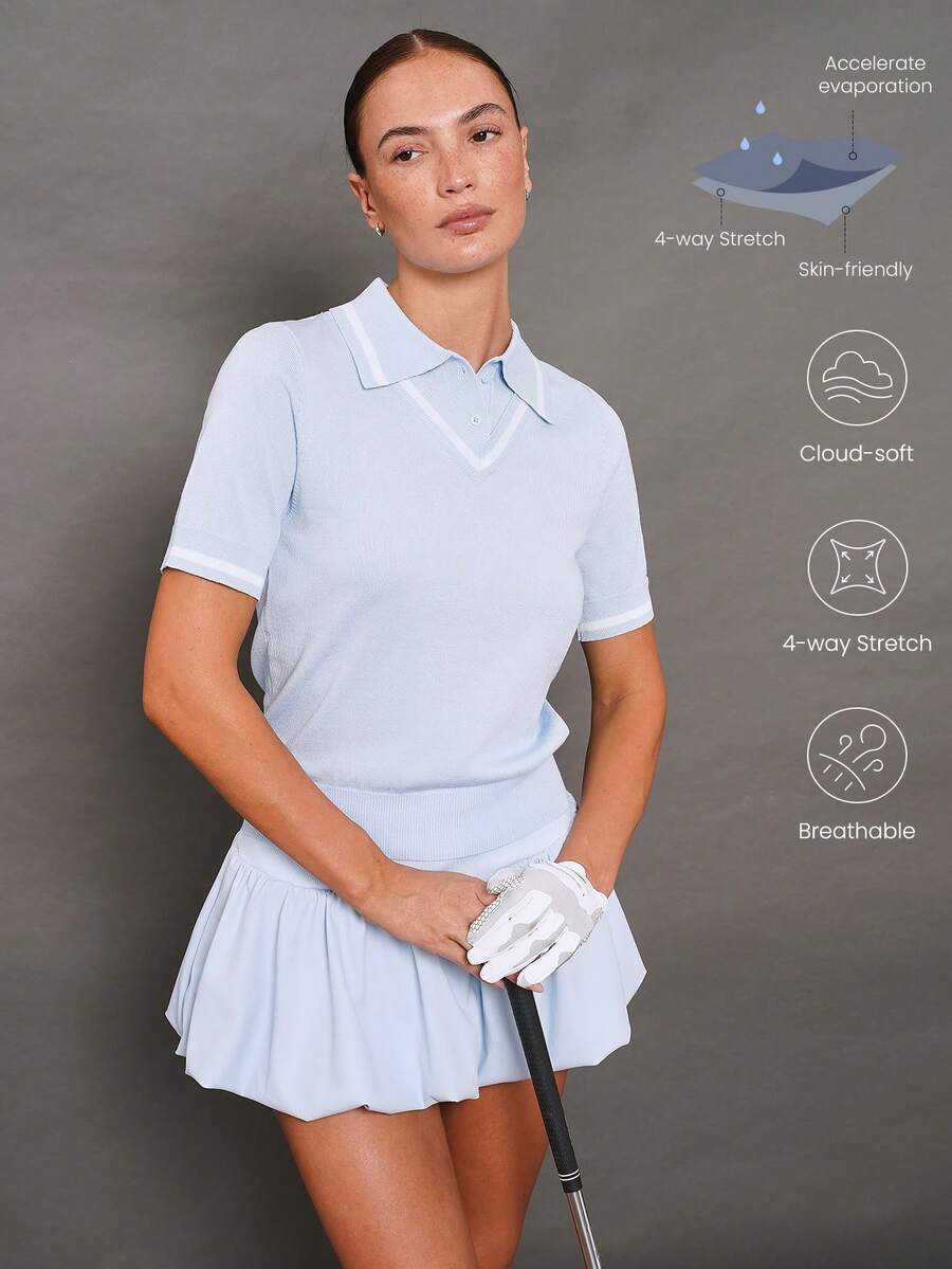 Activina 女士撞色 Polo 领短袖运动毛衣 - 淺藍色 - 查看 1