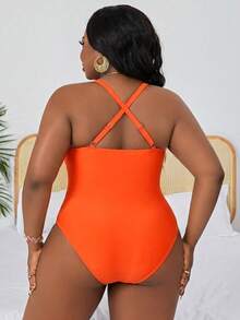 Slaydiva Plus Size Women's Solid Color Ruched Halter One-Piece Swimsuit, Suitable For Beach Vacation, Pool Party, Beach Party - Burnt Orange - View 2