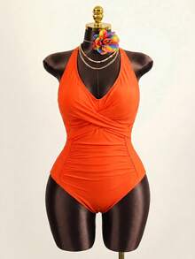 Slaydiva Plus Size Women's Solid Color Ruched Halter One-Piece Swimsuit, Suitable For Beach Vacation, Pool Party, Beach Party - Burnt Orange - View 7