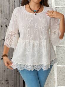 EMERY ROSE Plus-Size Women's White Lace-Trimmed Embroidered Fabric Top With A Textured Feel, Fashionable And Retro Summer Outfit, Perfect For Beach Vacations, - White - View 1