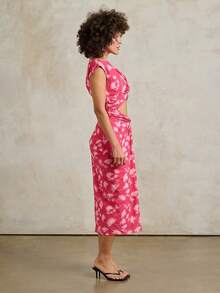 Rouah Womens Floral Printed Knot Front Mid-Length Dress - Summer Dress, Party Dress, Resort Dress, Wedding Dress, Reception Dress, Occassion Dress - Red - View 4