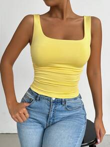 Allurite Summer Casual Solid Color Ruched Slim Fit Square Neck Tank Top - Yellow - View 4