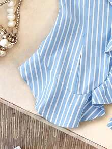 GlowEve Women's Summer Blue And White Striped American Hot Girl Style Coastal Chic Tropical Sweet Spicy Fitted Ruffle Top + Shorts 2 Pieces Set Vacation Beach - Blue and White - View 3