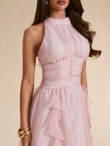 SHEIN BAE Spring/Summer Solid Dusty Pink Textured Jacquard Halter Neck Ruffle Trim Slim Fit Maxi Elegant Romantic Dress, Cocktail Bachelorette Party Formal - Apricot - View 5