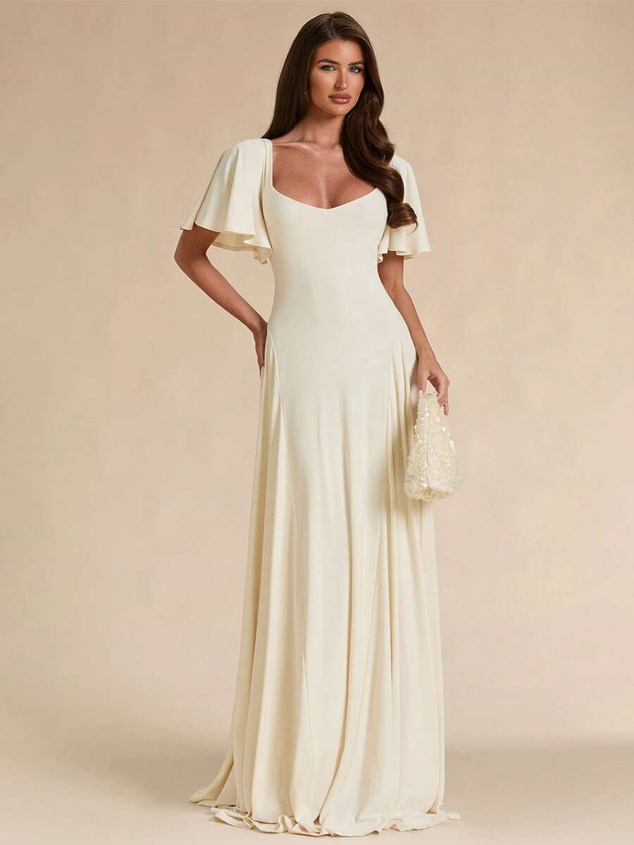 SHEIN BAE Spring/Summer Solid Cream White Square Neck Ruffle Sleeve A-Line Flared Maxi Dress Christening Elegant - Apricot - View 1