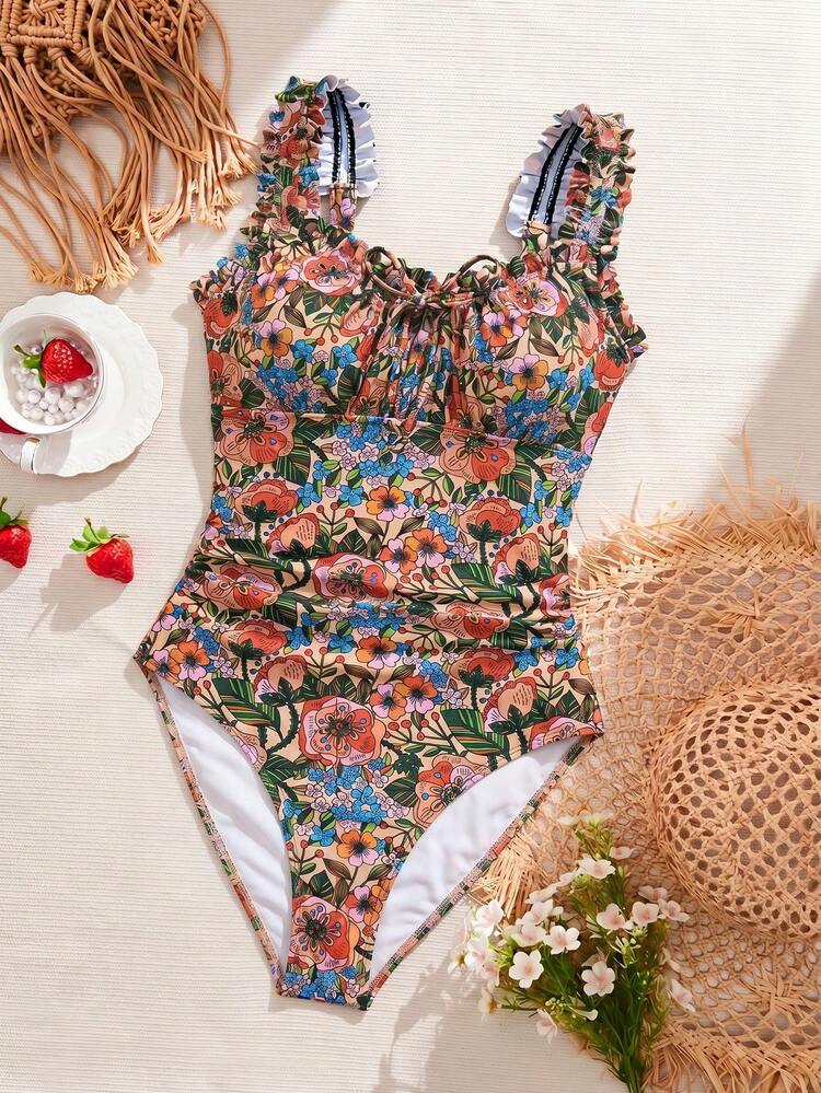 Swim Mod 2026 New Beige Vintage Tropical Boho Cherry One-Piece