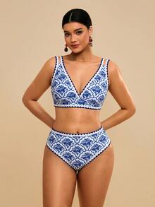 Travachic Conjunto de traje de baño con estampado floral fucsia para mujer talla grande - Azul y blanco - Ver 4