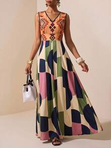 Zivah Neues Sommer Boho Urlaubs-Maxikleid für Damen, locker geschnitten, mehrfarbig mit geometrischem Retro-Muster, Rundhalsausschnitt, ärmellos, A-Linie, geeignet für Alltag, Urlaub, Musikfestivals, Reisen, Strand, Party, Flughafen-Outfits, Brunch-Outfits, Boho, Nomadisch, Casual, Pendeln, Abschlussfeier-Outfit, Country-Konzert-Outfit-Z - Verschiedenfarbig - Übersicht 3