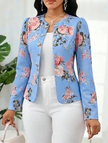 SHEIN Lady 女士秋季輕便夾克 矢車菊藍 適合節慶、上班、約會之夜、商務專業優雅風格 - 藍色 - 查看 6