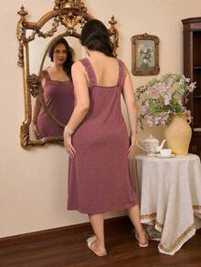 Côtesoire Camisón de punto casual de unicolor con parches de encaje, talla grande, para verano - Color caoba - Ver 2