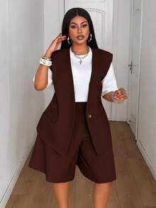 Maweii Plus Size Women's Solid Color Single Button Vest And Shorts Casual Commute Suit Set - Coffee Brown - View 5