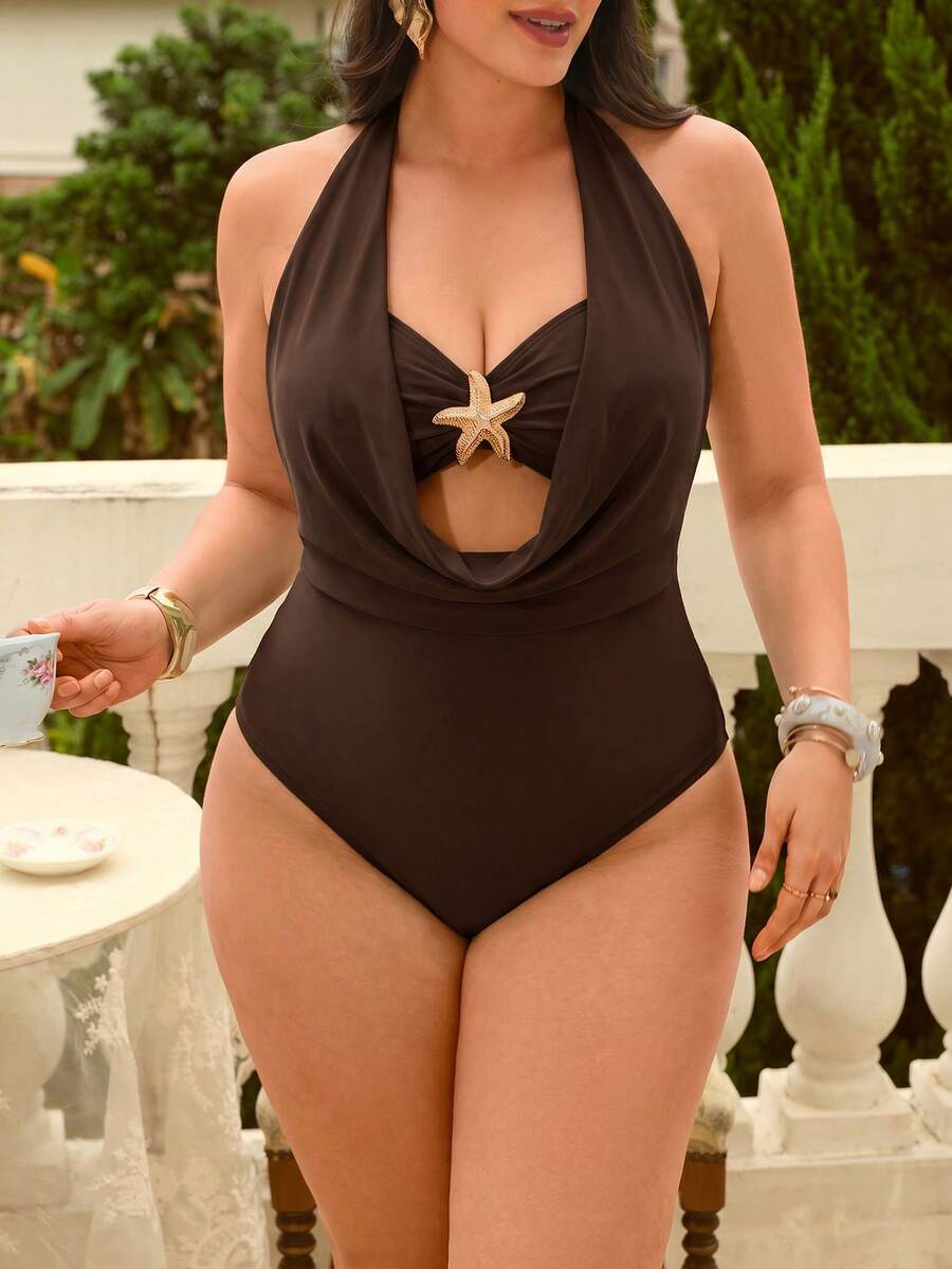 Swim Chiccia 夏季海灘度假優雅性感垂領大尺碼連身泳衣 老錢風女款泳裝 棕色 - 棕色 - 查看 1