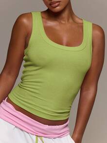 MUSERA ESSENTIALS Ribbed Scoop Neck Fitted Tank Vest Top Cute Everyday Basics Sexy Daily Spring Summer Essential - Lime Green - View 6