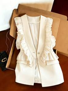 SHEIN Franclia 2026新款小眾設計女款西裝背心，荷葉邊飾邊、前開襟、金屬鈕扣，夏季優雅熱帶風，適合雞尾酒會、度假、社交、辦公場合 - 杏色 - 查看 5