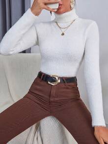 Selamara 女款純色高領長袖修身休閒毛衣 - 白色 - 查看 4