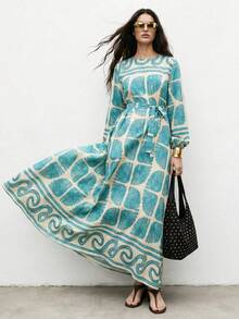 Women's Abstract Motif Print Long Sleeve Long Dress - Mint Green - View 5