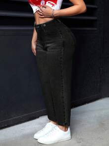 Jeanoix Plus Size Solid Color Casual Everyday Jeans With Belt Loops - Black - View 1