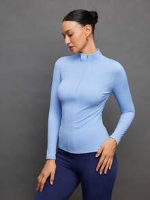 Activina Blusa de manga larga con cremallera parcial y unicolor para equitación - Celeste - Ver 4