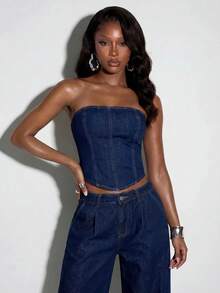 Normani Women's Sexy Strapless Fitted Back Drawstring Criss-Cross Asymmetrical Denim Top - Dark Wash - View 5