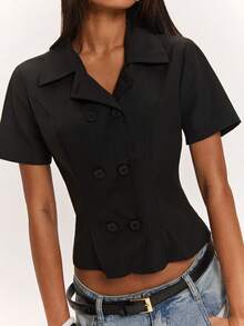 SHEIN BAE Women's Black Double-Breasted Short-Sleeved Jacket, Suitable For Casual Outings, Slim-Fit Black Jacket, Short-Sleeved Black Jacket. - Black - View 8