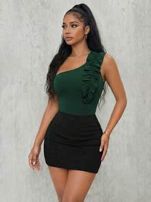 Eryvara Dark Green One Shoulder Ruffle Bodysuit, Asymmetrical Frill Detail, High Stretch Slim Fit, Bodycon Leotard, Y2K Sexy Top For Daily Layering Summer - Green - View 3
