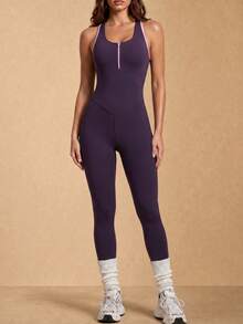 Silquee Women's Contrast Color Hollow Back Jumpsuit, Casual Fitness And Sports Wear - Bold Plum - View 8
