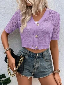 EMERY ROSE Solid Color Short Sleeve Hollow Knit Cropped Cardigan - Mauve Purple - View 6