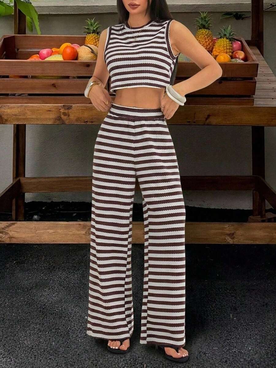 SHEIN PETITE 2pcs/Set Women Striped Camisole And Pants, Casual Summer Outfit - Multicolor - View 1