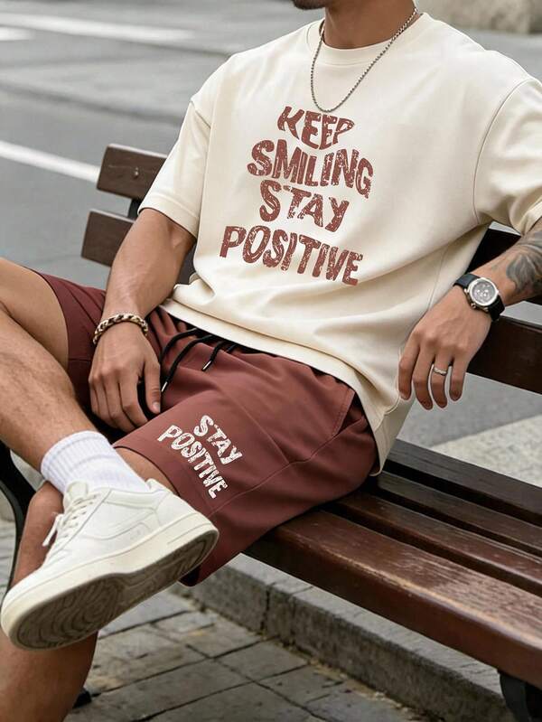 Sorvial Men's Fitted Apricot Knit Top And Brown Woven Shorts Set, "Keep Smiling Stay Positive" Slogan Print