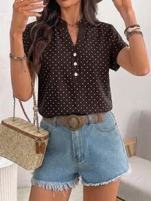 EMERY ROSE 女款休閒極簡浪漫復古棕色波點印花襯衫，正式穿著、通勤、夏季 - 彩色 - 查看 3