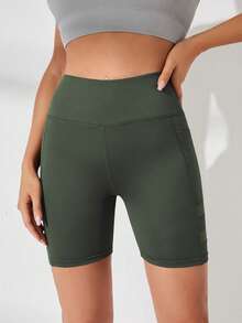 SHEIN Sports Solid Color Wide Waist Sports Shorts (With Pockets) - Olive Green - View 3