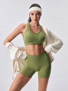 Loungeista Women's Sports Bra, Racerback Yoga Fitness Running Crop Top Bra - Olive Green - View 8