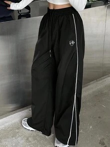 Livesso Tall 女款彈性腰側邊對比色織帶印花休閒寬鬆長褲 夏季 - 黑色 - 查看 3