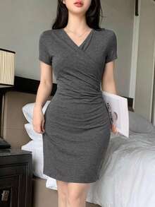 DAZY V-Neck Slim Fit Short Sleeve Short Length Solid Color Dress, Summer Outfit, Women's Nightgown Pajamas - Grey - View 5