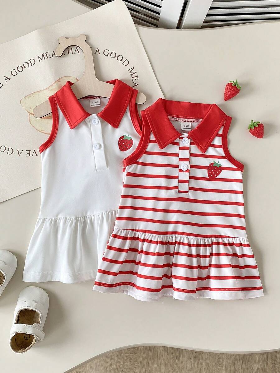 SHEIN Playful Pals 女童夏季洋裝，嬰兒女童夏季新款時尚條紋領無袖洋裝 - 紅色 - 查看 1